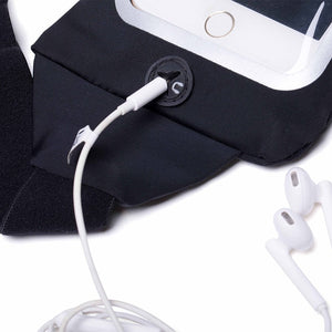 running belt with window and earphone port for music