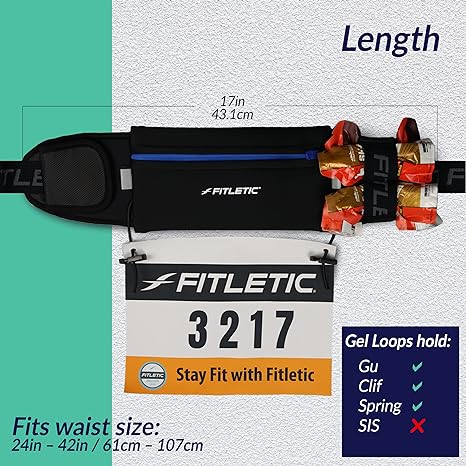 Fitletic Running Belt with Side Pocket, Loops for Energy Gels, Race Bib  Number Holder. Waist Pack Water Resistant Phone Holder. Model Ultimate II