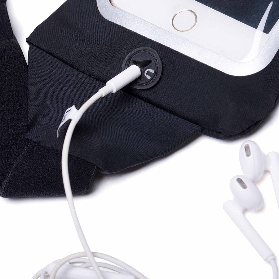 running belt with window and earphone port for music